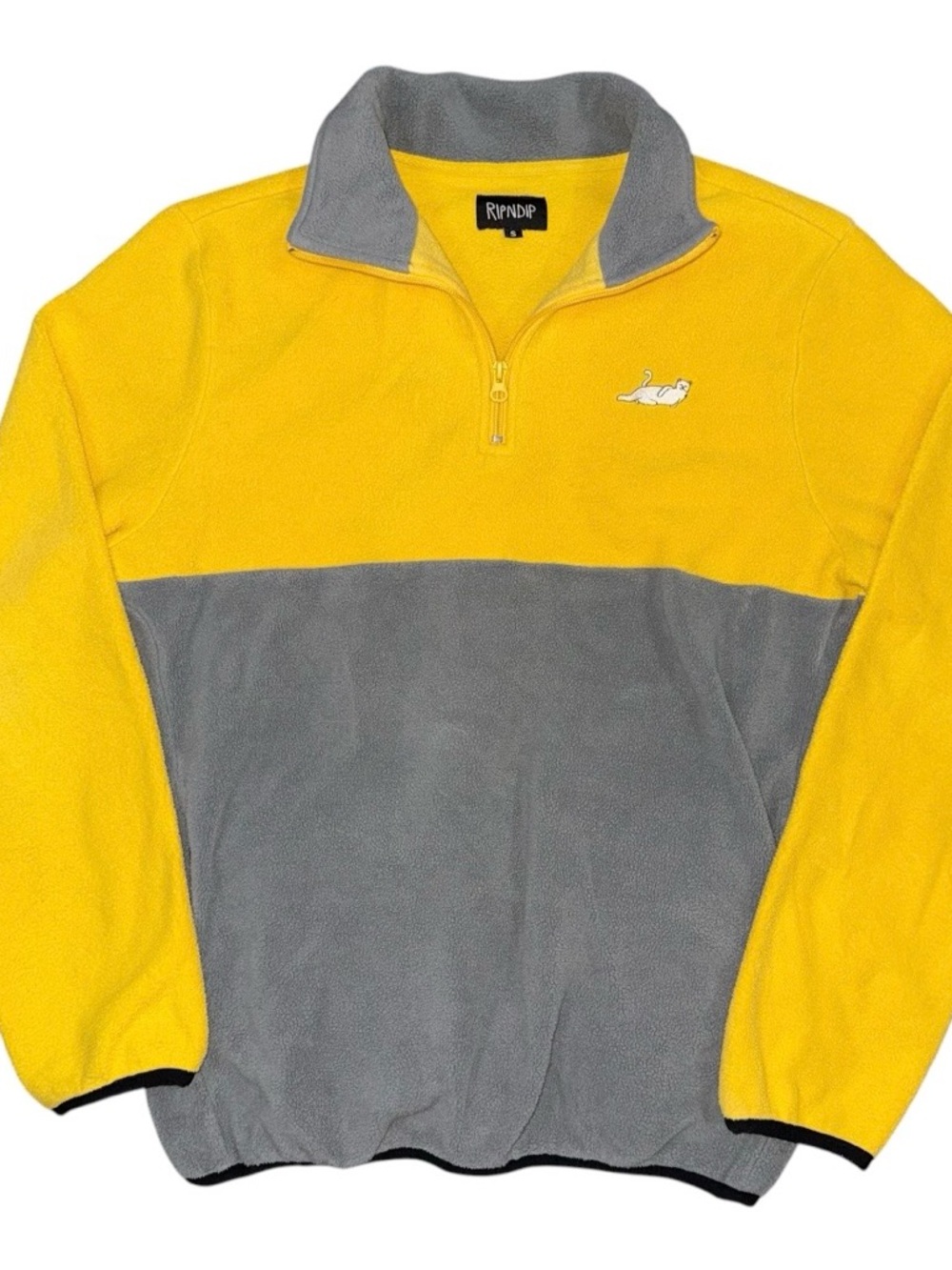 RIPNDIP Fleece Jacket Adult Small Yellow Gray 1/4 Zip Mock Neck Embroidered Cat